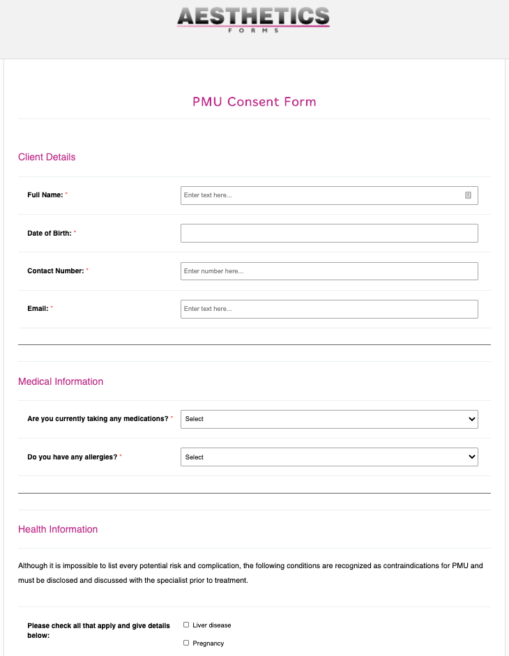 PMU Permanent Makeup Consent Form