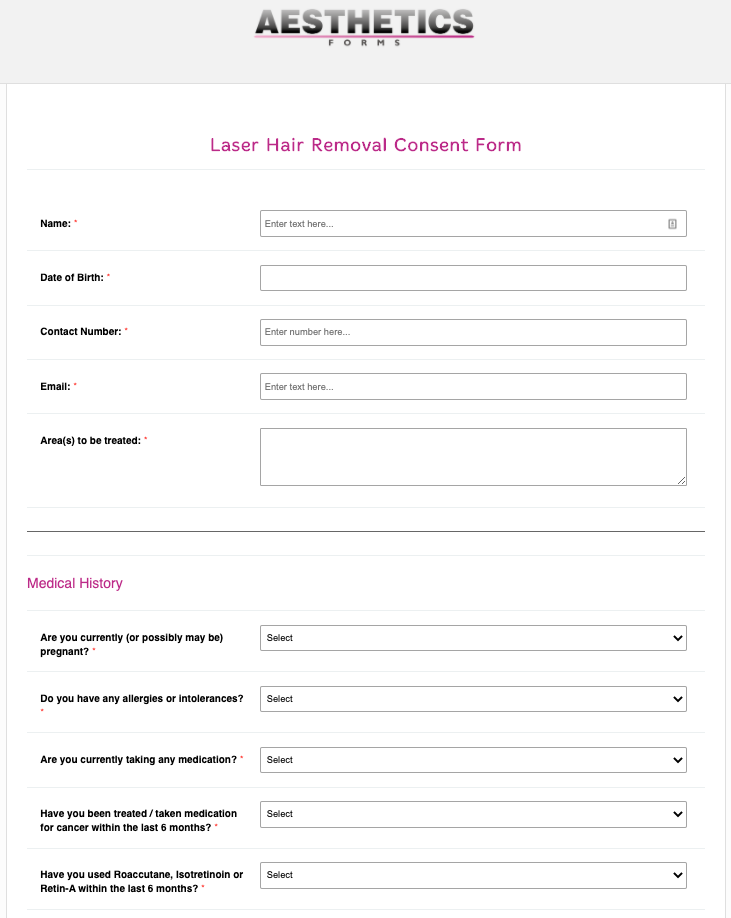 Esthetician Forms Patient Intake Forms Laser Hair Removal Consent Form PDF Consent for Laser Hair Removal